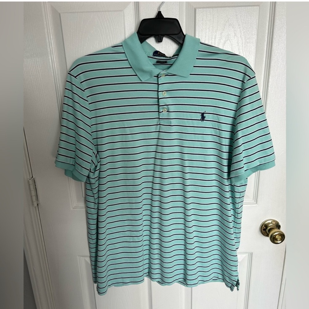 Ralph Lauren Men's Mint and Navy Striped Polo Shirt